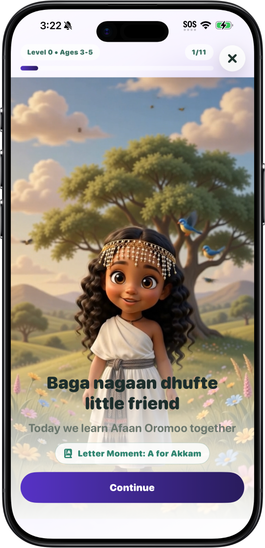 A child-focused Afaan Oromoo listening lesson in the iOS app