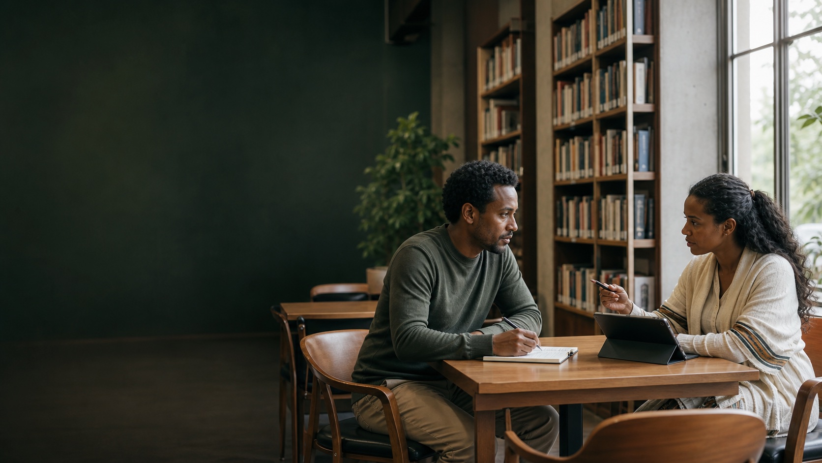 Two adult learners studying together in a library