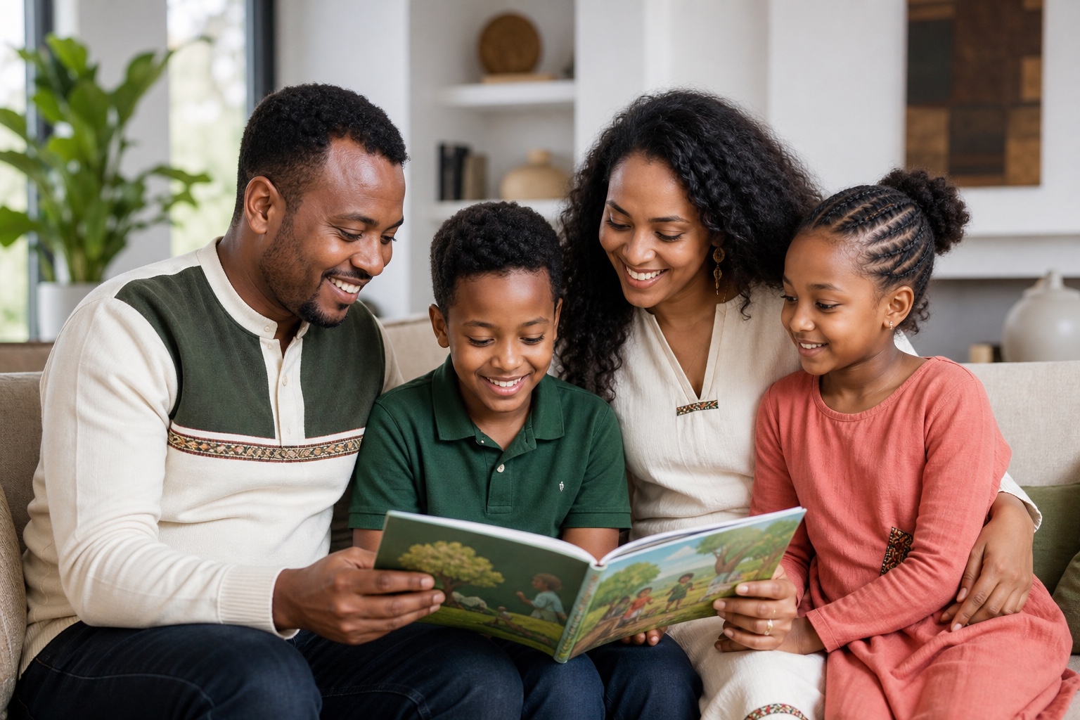 Oromo father, mother, son, and daughter learning together