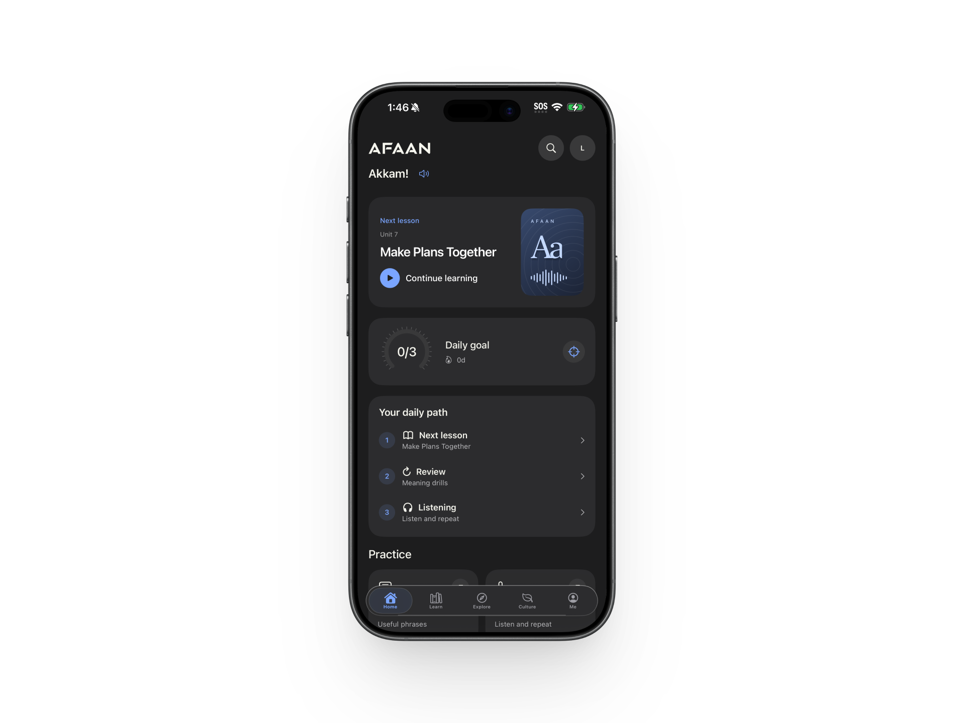 Afaan Oromoo app home screen showing a daily learning path