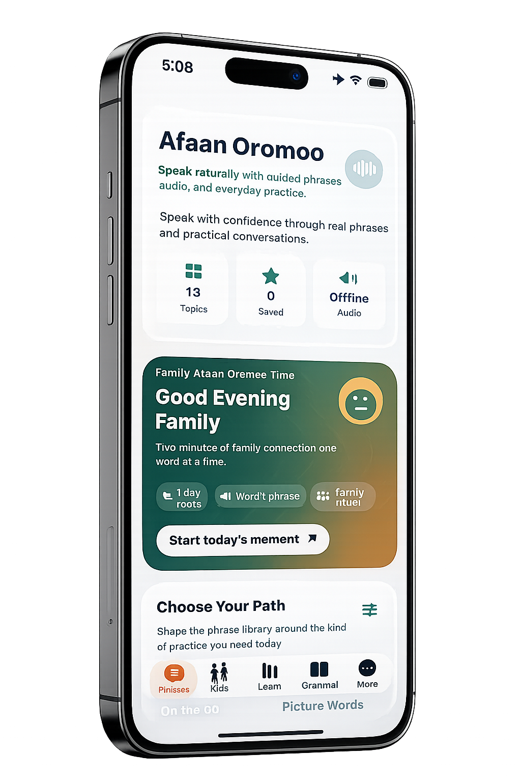 Afaan Oromoo App home screen showing Family Afaan Oromoo Time